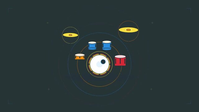 Animated video featuring moving guitars and drums with a music theme.