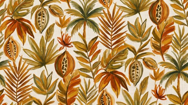 Seamless pattern with painted tropical palm leaves and cocoa pods in earthy autumn tones