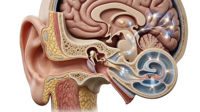 Anatomical Cross Section of Human Ear and Brain Showing Auditory Nerve Signals and Neural Pathways for Hearing Processing