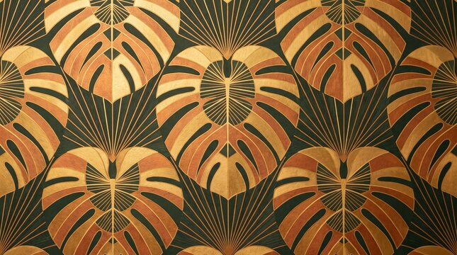 Luxury Art Deco Golden Monstera Leaves Seamless Pattern Botanical Wallpaper Design