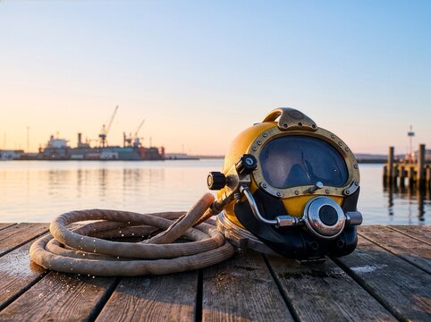 Commercial diving helmet and umbilical air hose resting on wooden dock at sunset harbor