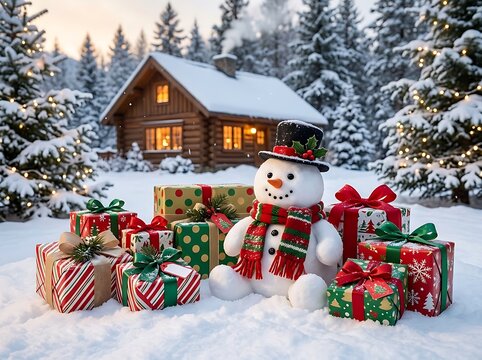 Cute snowman with carrot nose and red striped scarf surrounded by stacked Christmas gifts near cozy illuminated log cabin.