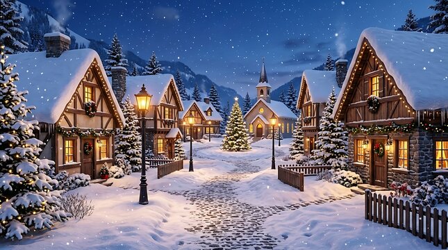 Cozy village street with decorated houses and christmas tree in snowy night.