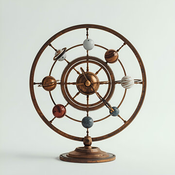 Astronomical brass orrery solar system model isolated on white.