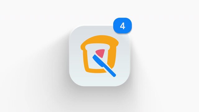 Slice of bread with jam app icon featuring animated notification badge with counter 1 to 99, dynamic shadow effect, minimalist breakfast toast jelly concept, on white background. 