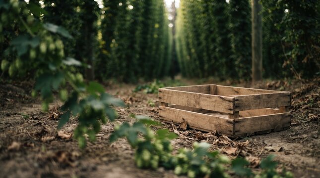 In a vibrant hop field, wooden crates sit quietly among green vines, as golden afternoon light filters through the leafy canopy, marking a time for harvest and abundance.