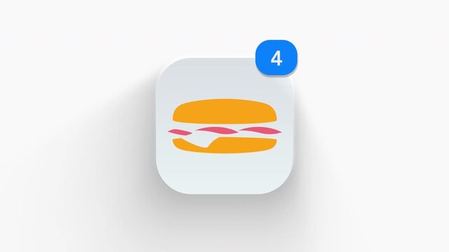 Sub sandwich app icon featuring animated notification badge with counter 1 to 99, dynamic shadow effect, minimalist submarine fast food deli concept, on white background. 