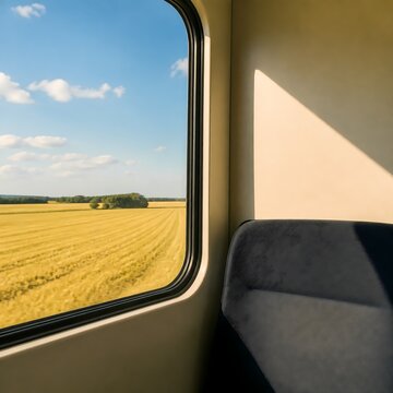 Train window view crossing farmland