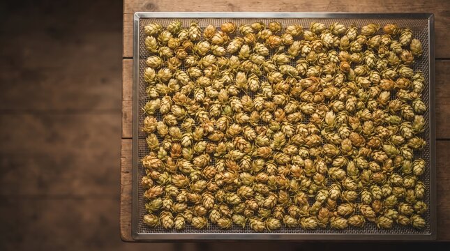 Rows of vibrant green and yellow hops lay on wooden trays, ready for brewing. The warm autumn light highlights their rich colors, creating a cozy, inviting atmosphere.