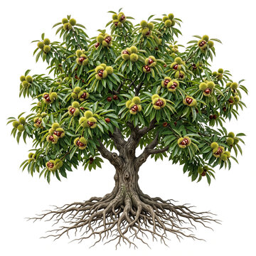 Labor Day Chestnut tree, mature full tree bearing abundant chestnuts enclosed in green spiny burrs, exposed visible roots, 11 ratio, isolated on seamless pure white background