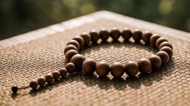 Wooden prayer beads lay on woven straw mat in warm sunlight. Natural brown beads arranged in circle on textured surface. Zen style decor for meditation, spiritual practice, mindfulness in calm home