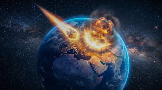 Un gigantesco asteroide impacta la Tierra sobre Europa, desatando una colosal explosi&oacute;n y fuego visible desde el espacio junto a la estaci&oacute;n orbital.