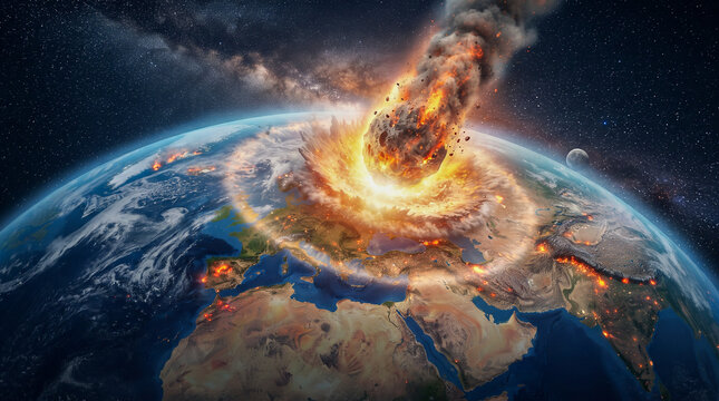 Un gigantesco asteroide impacta la Tierra sobre Europa, desatando una colosal explosi&oacute;n y fuego visible desde el espacio junto a la estaci&oacute;n orbital.