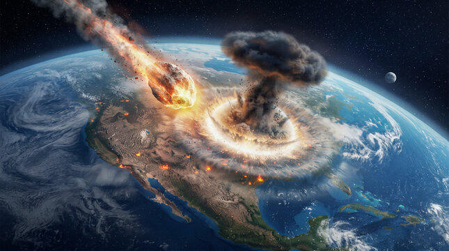 Un gigantesco asteroide impacta la Tierra sobre Europa, desatando una colosal explosi&oacute;n y fuego visible desde el espacio junto a la estaci&oacute;n orbital.