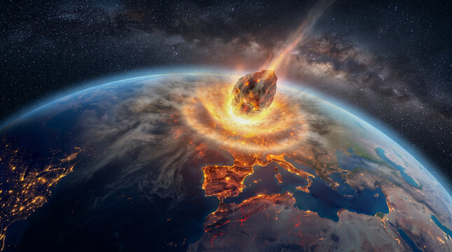 Un gigantesco asteroide impacta la Tierra sobre Europa, desatando una colosal explosi&oacute;n y fuego visible desde el espacio junto a la estaci&oacute;n orbital.