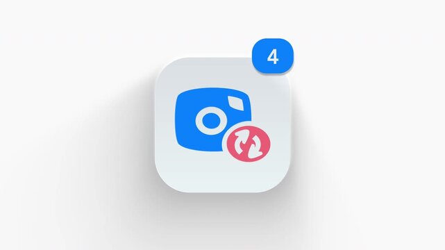 Camera sync app icon featuring animated notification badge with counter 1 to 99, dynamic shadow effect, minimalist wireless photo transfer connection concept, on white background. 