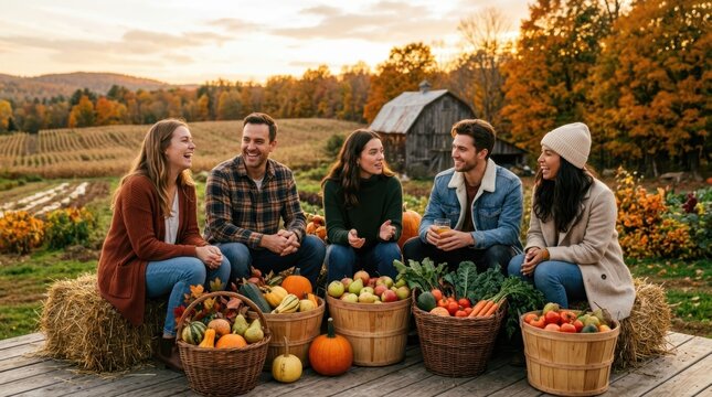 Friends enjoying a bountiful autumn harvest at a rustic farm during golden hour