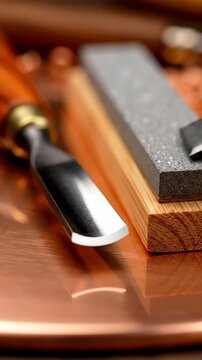 Close-up of wood carving chisel and sharpening stone on copper surface