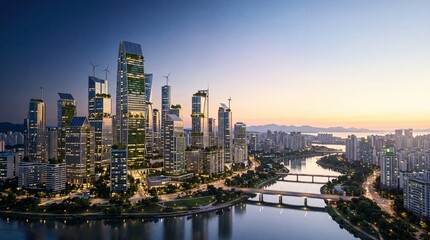Fototapeta premium Sustainable Green City Skyline with Biophilic Vertical Forest Skyscrapers and Riverfront Architecture at Golden Sunset Dusk - Generative AI