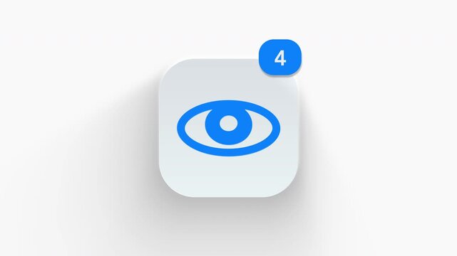 Eye view app icon featuring animated notification badge with counter 1 to 99, dynamic shadow effect, minimalist vision visibility watch preview concept, on white background. 