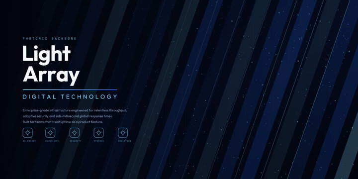 Abstract photonic light array technology background with diagonal blue beams, glowing particles, digital infrastructure and AI analytics interface. Editable elements