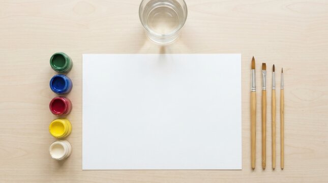 Art supplies laid out for creative painting on a wooden table