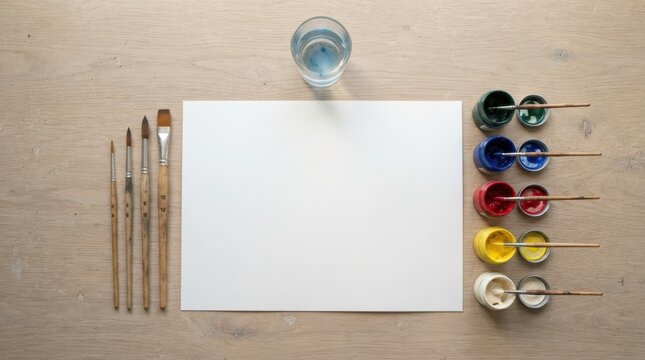 Artistic setup with brushes, paints, and blank paper on a wooden table