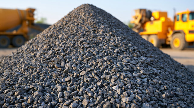 A large pile of crushed gray stones sits in a construction site with cement mixers nearby. Industrial background for building materials and infrastructure development projects.