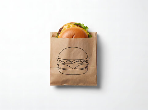 Burger sits inside a brown paper takeout bag featuring a minimal line art illustration on a white background.