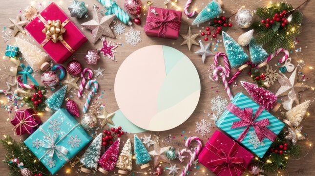 Festive Christmas presents and ornaments arranged on a wooden table with fairy lights