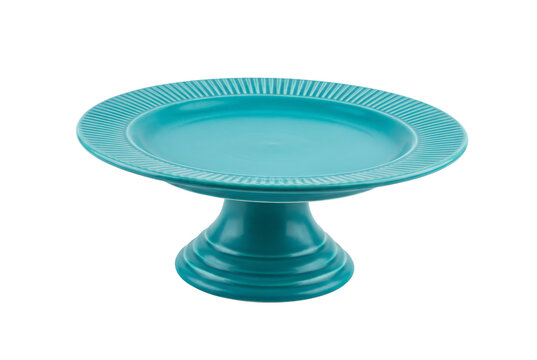 Empty Teal Ceramic Pedestal Cake Stand Isolated on White Background