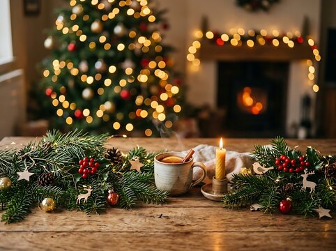 Rustic christmas table setting with steaming mug of mulled wine candle and evergreen pine branches for festive home decor.