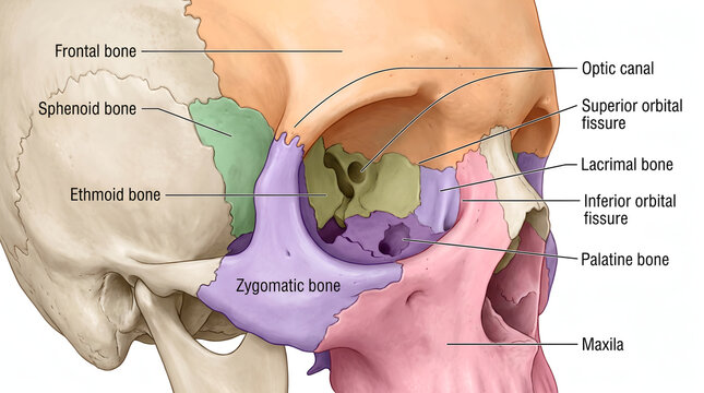 Detailed medical illustration of the human skull anatomy highlighting the bones of the eye socket