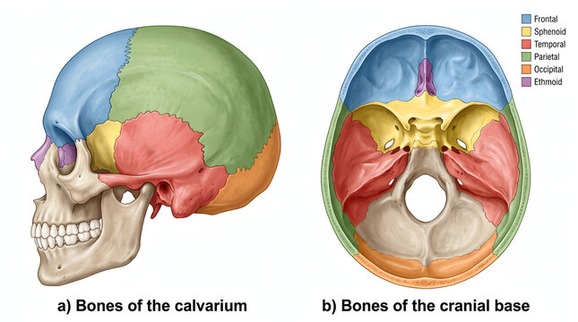 Detailed medical illustration of human skull anatomy showing bones of the calvarium and cranial base with color-coded sections for educational study