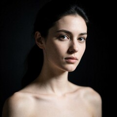 Fototapeta premium Young woman gazes forward. Soft lighting shapes her face and bare shoulders. Dark background focuses on her serene and thoughtful expression. Natural beauty and calm mood.