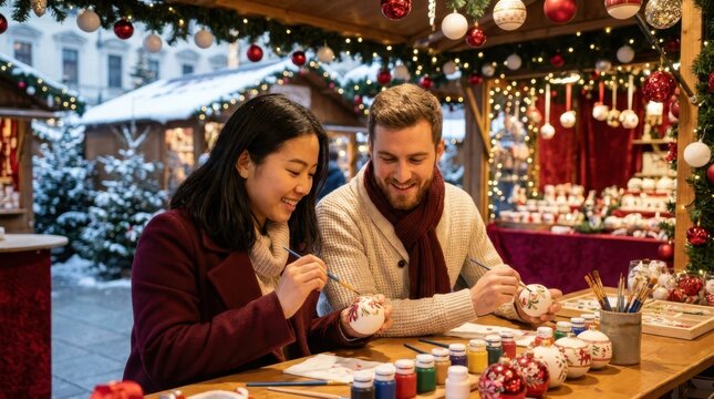 Couple enjoys painting Christmas ornaments together at a festive winter market