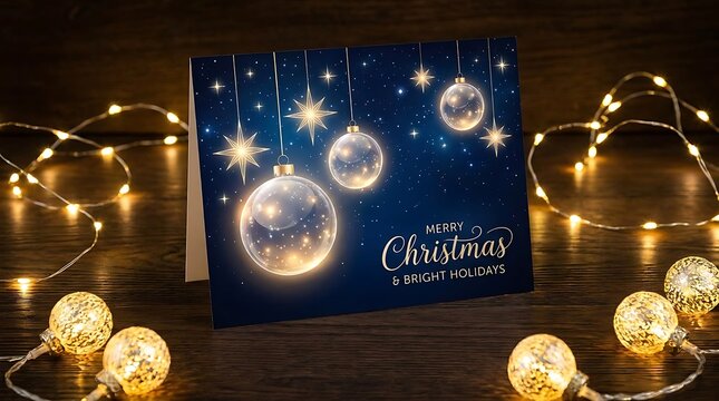 Blank christmas greeting card with glowing glass baubles and fairy lights on wooden rustic table.