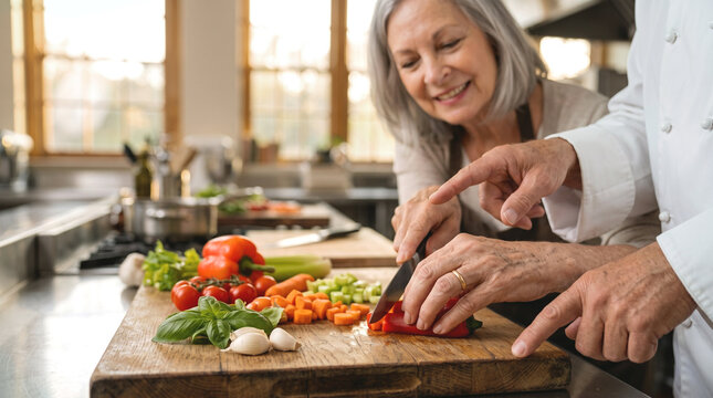 Senior woman learning to prepare fresh vegetables with guidance from a chef during a healthy cooking class, illustrating active aging, nutrition, retirement hobbies, lifelong learning and healthy life