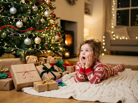 Little girl in pajamas resting on floor near decorated christmas tree and wrapped gifts.