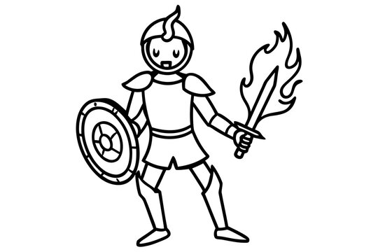 Cartoon warrior holding flaming torch and shield