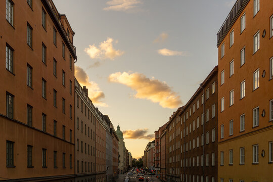 Stockholm S&ouml;dermalm street during golden hour sunset