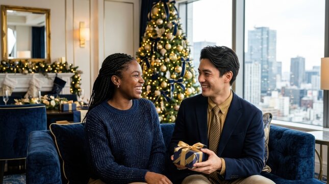 Couple exchanging a gift by a decorated Christmas tree in a luxurious apartment