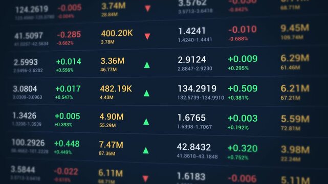 Digital investment dashboard interface displaying portfolio asset prices performance indicators trend arrows and percentage changes on navy blue fintech app screen