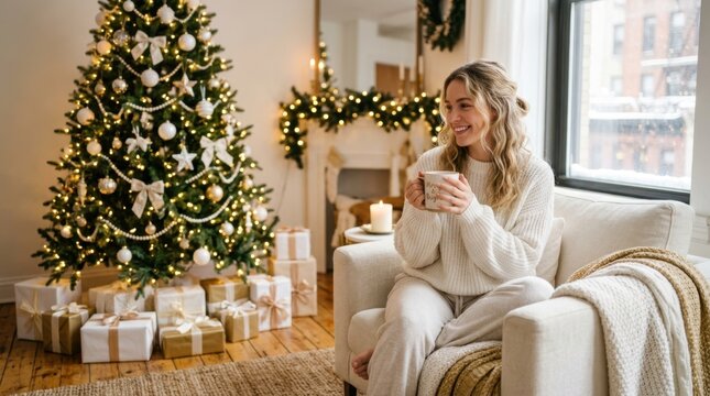 Cozy woman enjoying a warm drink by the Christmas tree and fireplace