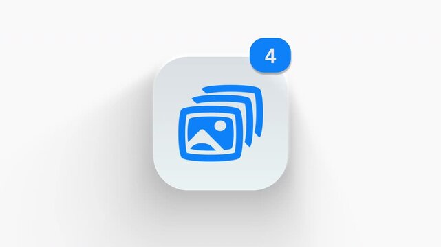Photo stack app icon featuring animated notification badge with counter 1 to 99, dynamic shadow effect, minimalist album gallery multiple pictures concept, on white background. 