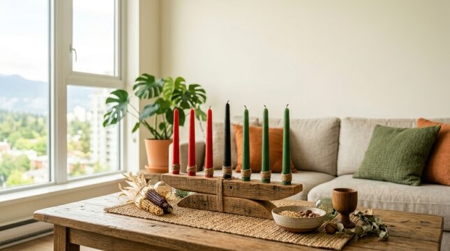 Kwanzaa kinara with candles and corn on a wooden table in a modern living room
