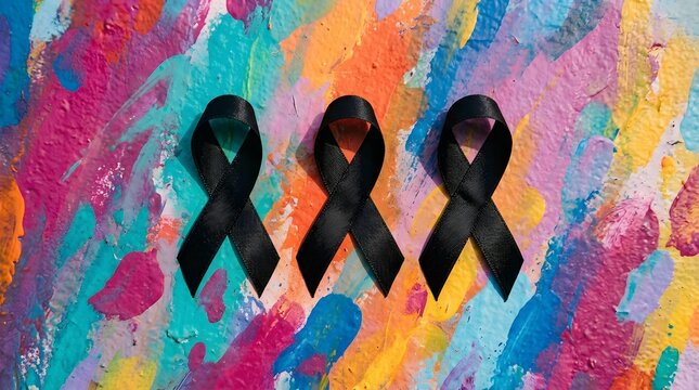 Three black ribbons representing grief remembrance and support on colorful abstract background