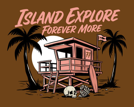 Island explore lifeguard tower vector illustration. Vintage beach surfing graphic. Tropical palm trees and skull design. Summer adventure poster.