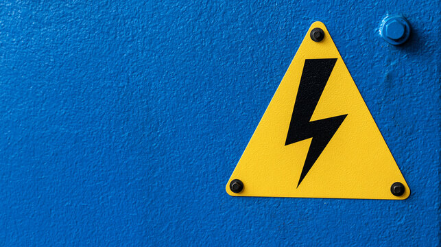 A high voltage lightning bolt warning sign is bolted onto a textured blue industrial metal panel. Perfect for workplace safety, electrical hazards, and maintenance themes.