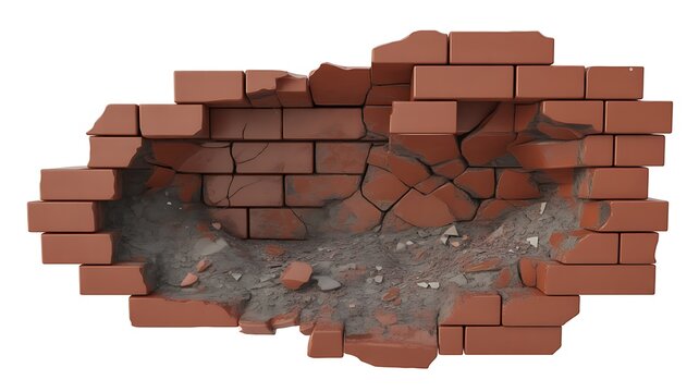 Cracked red brick wall revealing concrete and debris, isolated on transparent background